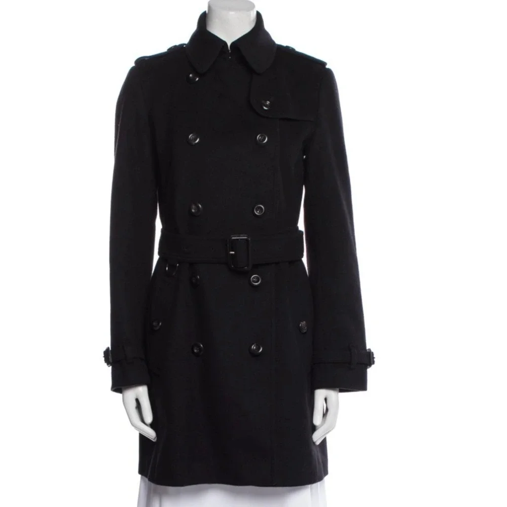Burberry London Black Wool Cashmere Belted Trench Coat US 2 UK 4 - Picture 2 of 14